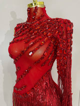 Glitzerndes Strass-Fransen-Minikleid – Sexy One-Shoulder-Durchsichtige Robe – Lateinamerikanischer Tanz-Performance-Outfit