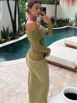 Sexy Mesh Ruched Maxi Dress – See Through Off Shoulder Long Sleeve Sheath
