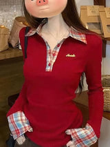 Damen Preppy Karo Stricktop – Falsches zweiteiliges Poloshirt