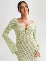 Women’s See-Through V-Neck Hollow Out Beach Dress, Sexy Backless Knitwear