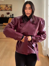 Women’s Vintage Leather Street Jacket with Belt – Oversized Loose Fit Lapel Moto Jacket