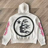 Hellstar HS Flame Glitter Zip-Up Hoodie – Beiger Fleece Unisex Kapuzenpullover