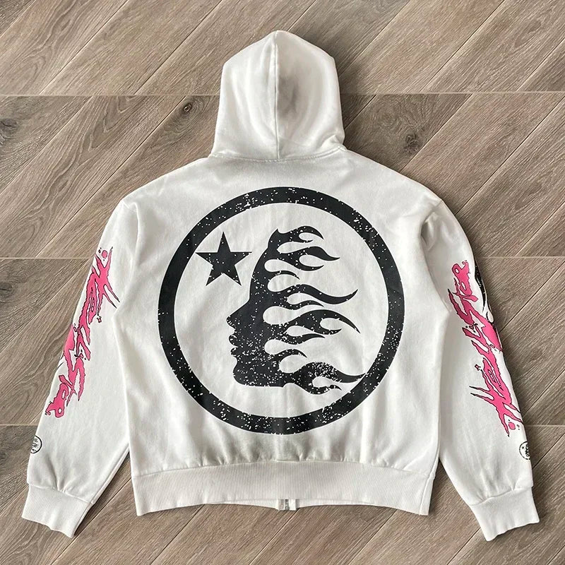 Hellstar HS Flame Glitter Zip-Up Hoodie – Beiger Fleece Unisex Kapuzenpullover