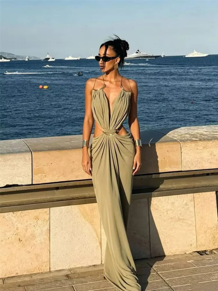 Women’s Sexy Cutout Waist Spaghetti Strap Maxi Dress