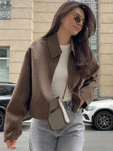 Damen braune Reißverschluss-Wolljacke – Eleganter Revers Langarm Kurzmantel