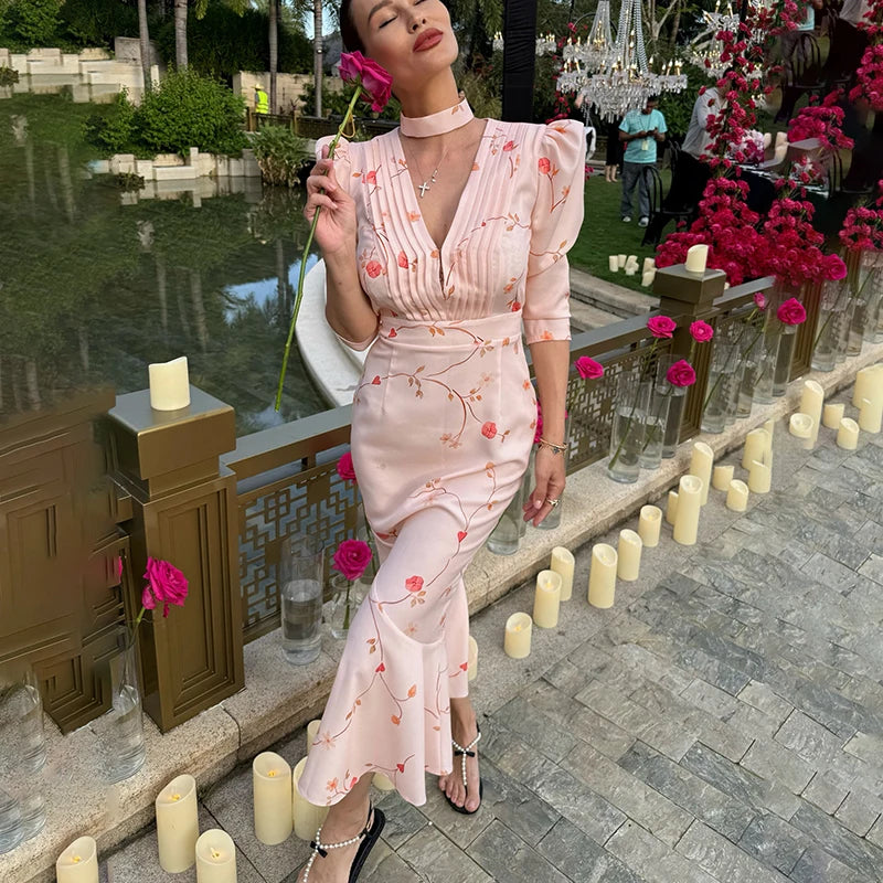 Tief geschnittenes V-Neck Abendkleid mit hoher Taille – Eng anliegendes Langarm-Fischschwanz-Kleid für Büro-Partys