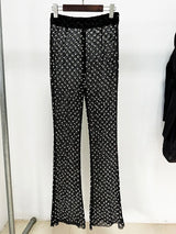 Damen-Blazer mit Cut-Out-Blumenapplikationen und Perlenbesatz – Elegantes Set mit weiter Hose aus Gaze