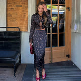 Women’s 2-Piece Vintage Dress Set – Lace-Up Print Blouse & Lace Midi Skirt Set