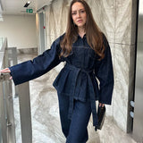 Damen 2-teiliger Denim-Anzug – Y2K Schnür-Reversjacke & Straight Leg Jeans Set