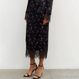 Women’s 2-Piece Vintage Dress Set – Lace-Up Print Blouse & Lace Midi Skirt Set