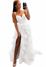 Sparkly Tiered Lace Tulle Prom Dress | Long Spaghetti Strap Corset Gown