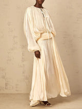 Women’s Elegant Spliced Fold Dress – Solid Loose Patchwork Midi, Round Neck Long Sleeve Lace-Up Dress