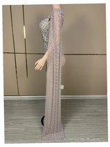 Luxury Sparkling Champagne Evening Gown – Large Crystal Transparent Long Train Dress