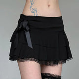 Dark Academia Lace A-Line Mini Skirt | Black Low-Waisted Gothic Short Skirt