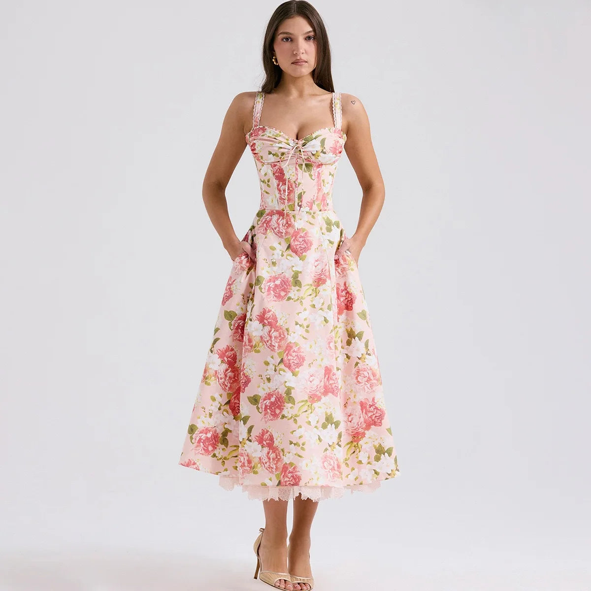 Women's Elegant Pink Peony Floral Corset Dress