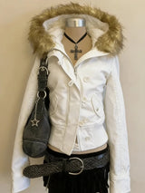 Women’s Retro Faux Fur Denim Parka – Hooded American Vintage Jean Jacket