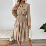 Elegantes plissiertes langes Kleid mit Schleifengürtel, einfarbig, hoher Taille, Business & Pendler-Stil