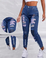 Women’s Printed Distressed Jeans – Ankle Length Pencil Pants with Rip Details, Slim Fit High-Waist Denim