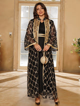 Muslim Women’s 2-Piece Abaya Set | Embroidered Open Cardigan with Inner Dress