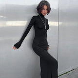 Fall Winter Turtleneck Maxi Dress – Elegant Long Sleeve Black Bodycon