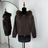 Damen Winter Flauschige Kapuzen-Strickjacke – Reißverschluss Patchwork Strickjacke