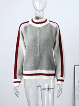 The Heritage Zip: Grau gestreifte Strickjacke mit Stehkragen – Moderner, legere geschnittener Preppy-Pullover-Mantel