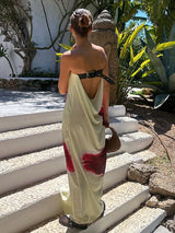 Women’s Sexy Strapless Floral Maxi Dress – Backless Summer Vacation Dress with Belt