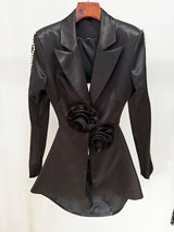 Damen-Blazer mit Cut-Out-Blumenapplikationen und Perlenbesatz – Elegantes Set mit weiter Hose aus Gaze