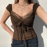 Damen Braunes Spitzen-Croptop Y2K Schleifen-Quadratkragen Sommer Kurzarm-Top