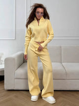 Damen 2-teiliges geripptes Strick-Loungewear-Set – Trendiger Cardigan in schmaler Passform und Hose mit weitem Bein