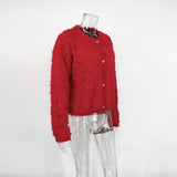 Damen Herbst Winter Plüsch Patchwork Cardigan – Warmer einfarbiger Strickmantel