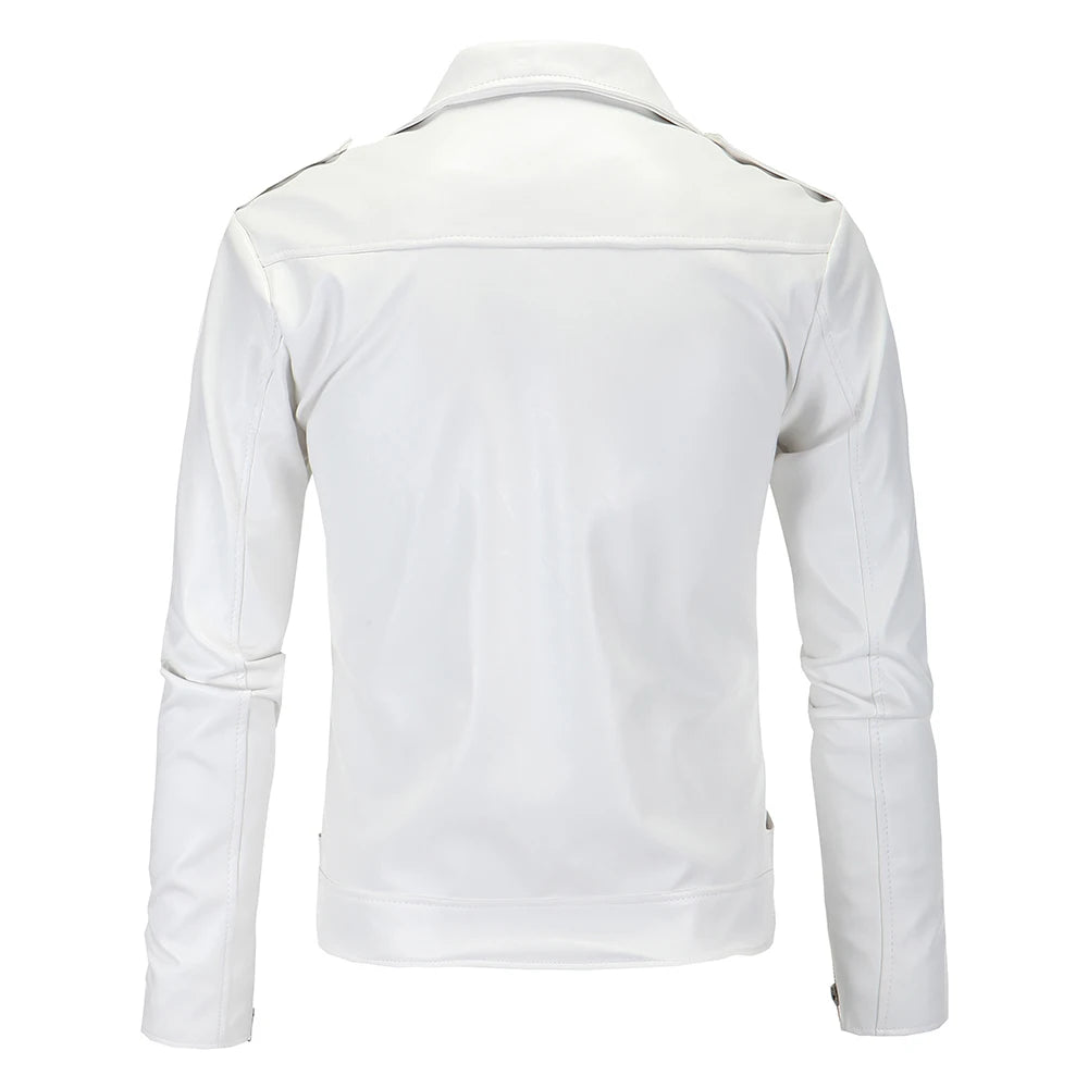 Men’s Slim Fit White Leather Jacket – Oblique Zipper Motorcycle Moto Biker Coat