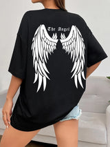Damen T-Shirt mit dunklem Engelsflügel-Grafik – 100 % Baumwolle, lockere Passform, Hip Hop Streetwear