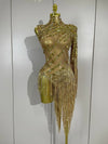 Glitzerndes Strass-Fransen-Minikleid – Sexy One-Shoulder-Durchsichtige Robe – Lateinamerikanischer Tanz-Performance-Outfit