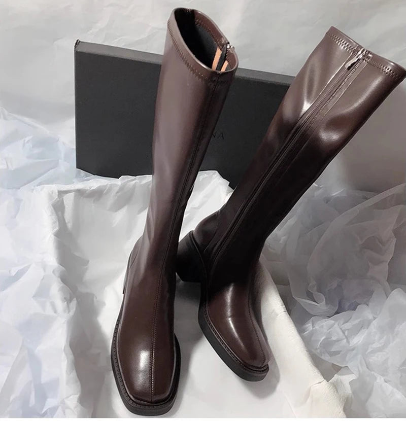 Women Vintage Knee-High Block Heel Boots with Side Zipper