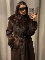Women’s Brown Faux Fur Patchwork Long Jacket – Elegant Belted Lace-Up Overcoat
