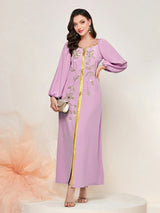 Muslim Dress Caftan with Embroidery – Lantern Sleeve Bandage Dress