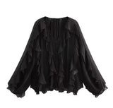 Elegante Damenbluse mit V-Ausschnitt – Einreihiges Langarmshirt