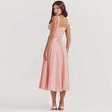 Women's Elegant Pink Lace-Up Midi Dress