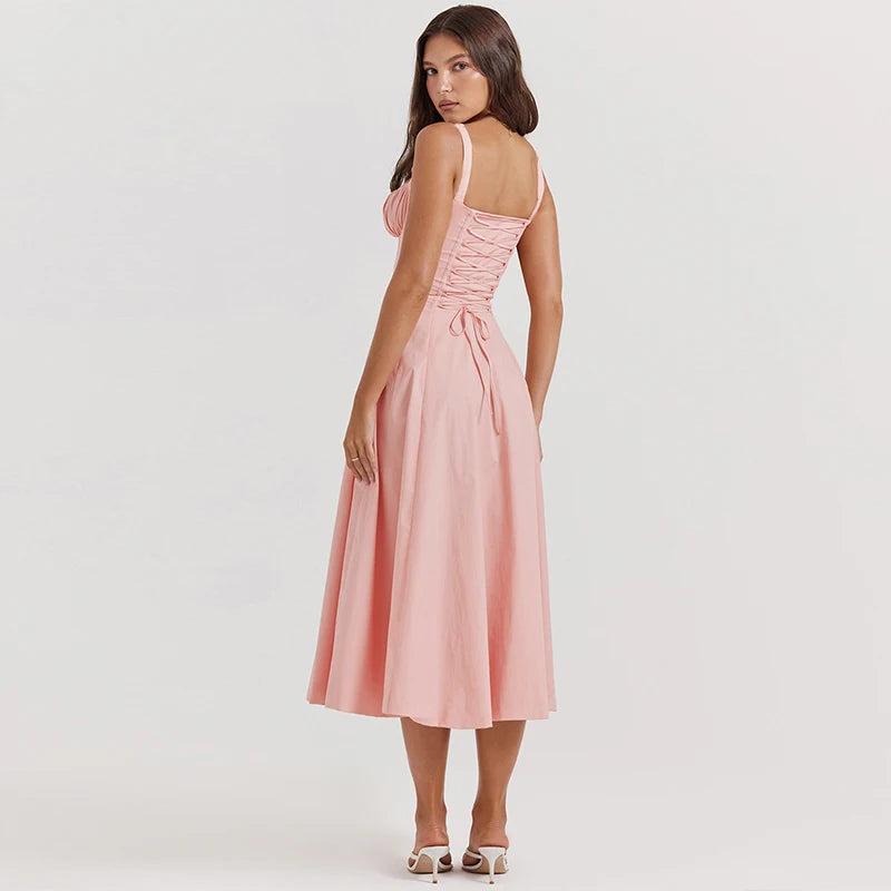 Women's Elegant Pink Lace-Up Midi Dress