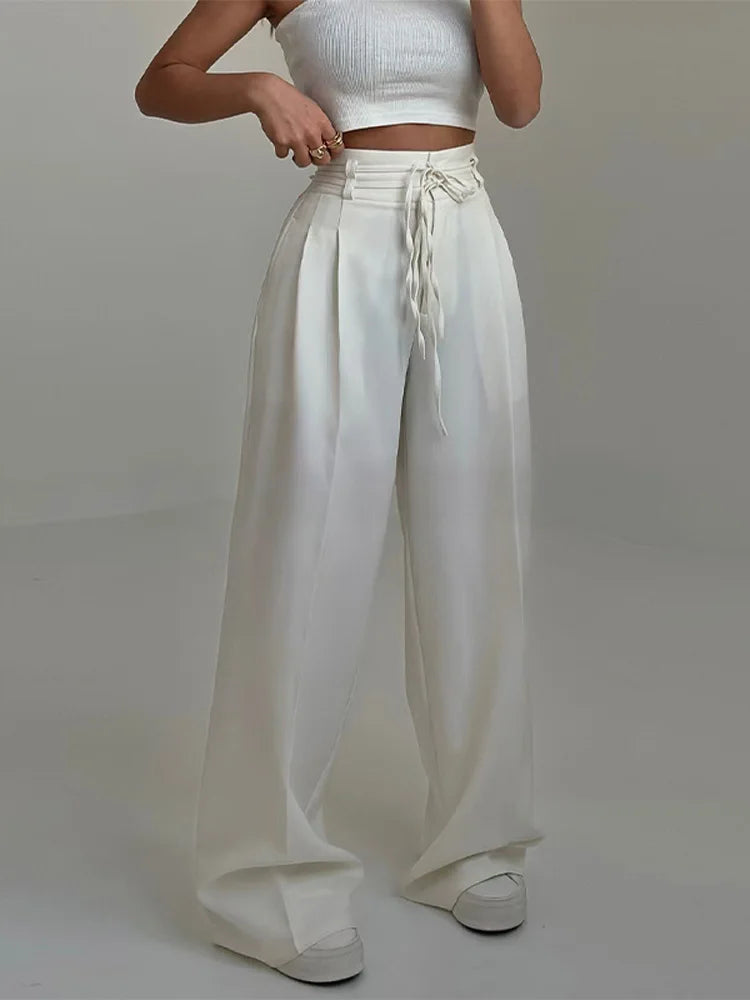 Damen Y2K Wide Leg Lange Hose – Elegante High Waist Double Drawstring Baggy Hose