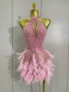 Luxuriöses Damen-Minikleid mit Strass und Perlen – Sexy Feder-Neckholder-Abendkleid mit Rückenausschnitt