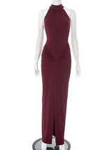 Ärmelloses Neckholder-Maxikleid für Damen mit Raffungen – Sexy figurbetontes langes Kleid mit seitlichem Schlitz