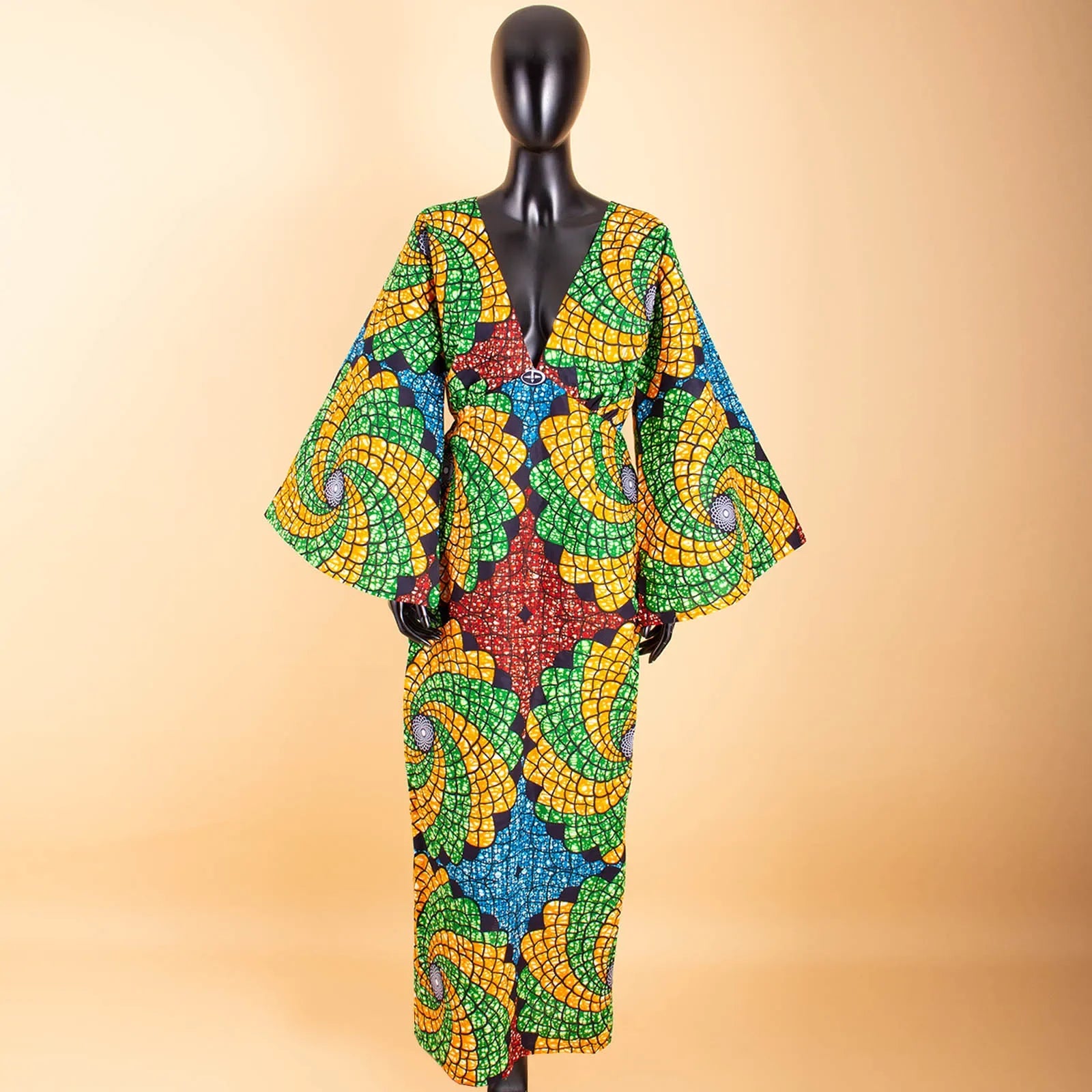 Flare Sleeve V-Neck Ankara Gown African Maxi Dress for Women