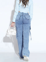 Damen Cargo Jeans mit vielen Taschen, lockere Passform, gerades Bein, Denim Hose