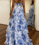 Elegantes A-Linien-Blumen-Abschlussballkleid | Bodenlanges plissiertes Abendkleid