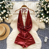 Eleganter Neckholder Swing-Kragen Jumpsuit Vintage Hohe Taille Schmal geschnittener Strampler für Frühling/Sommer