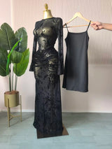 Damen gestapeltes Mesh-Bodycon-Kleid – sexy durchsichtiges Langarm-Abendkleid mit Futter