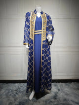 Muslim Women’s 2-Piece Abaya Set | Embroidered Open Cardigan with Inner Dress