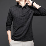 Men's Long Sleeve Polo Shirt with Badge – Business Casual Solid Color Top